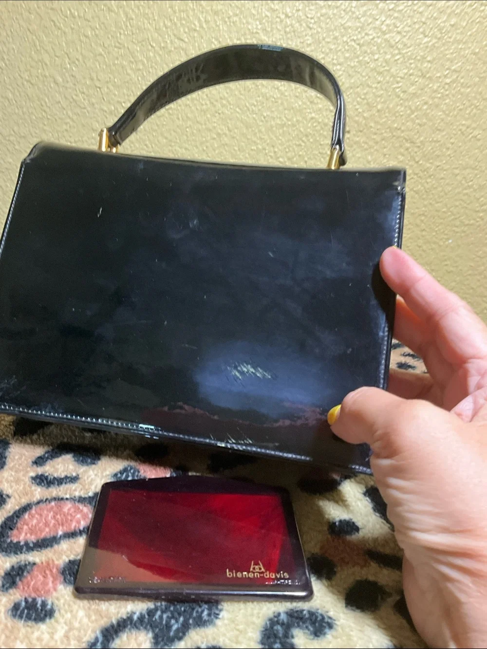 Vintage Bienen-Davis Black Patent Leather Top Handle Handbag with mirror